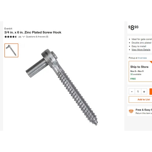 1 Pair, Everbilt 3/4 in. x 6 in. Double Coasted Zinc Plated Screw Hooks - Picture 2 of 6